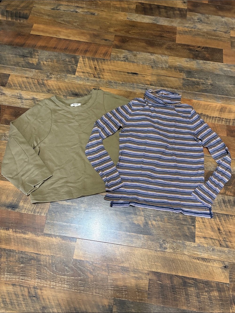 Madewell Olive Green Long Sleeve Tee + Blue and Gray Striped Turtleneck Set